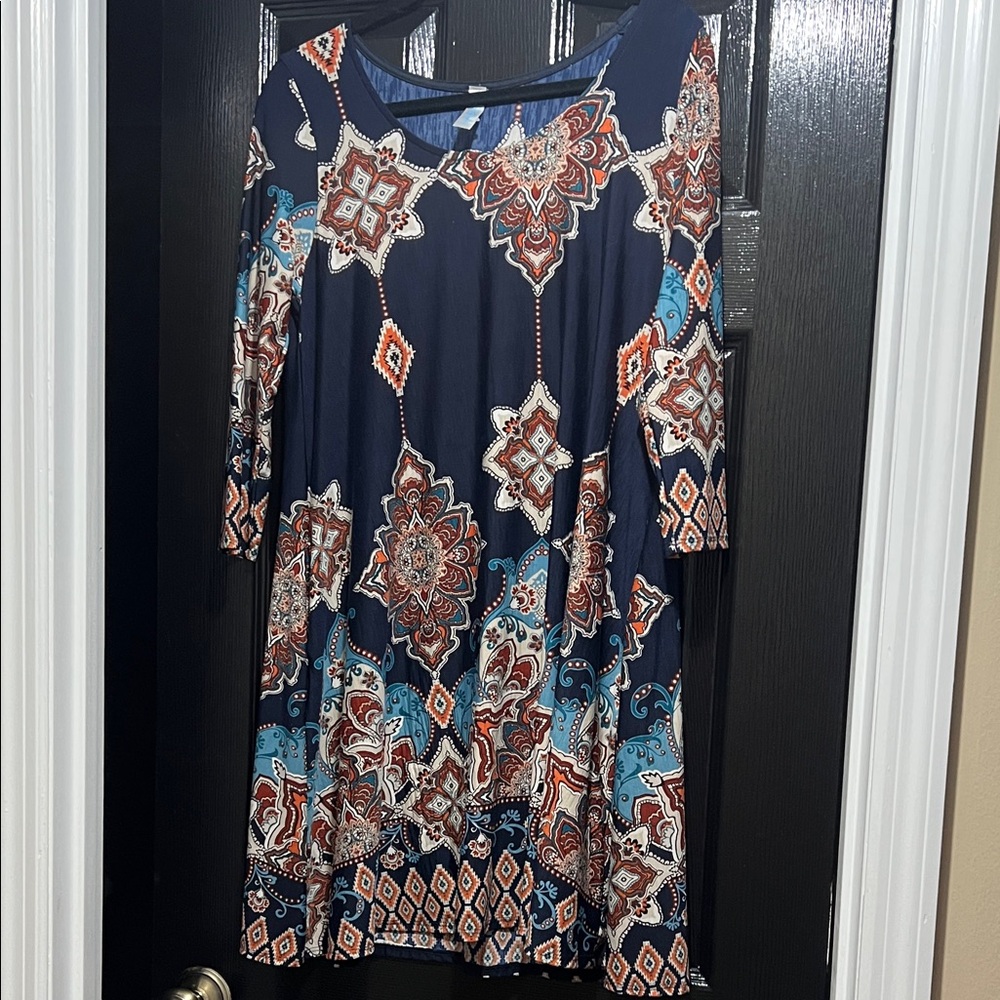 Bohemian Long Sleeve Dress in Navy and Orange